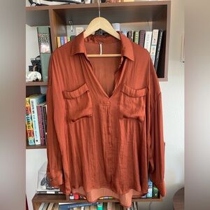 Free People Oversized Rust Satin Button Down Blouse | Boho Drapey Top